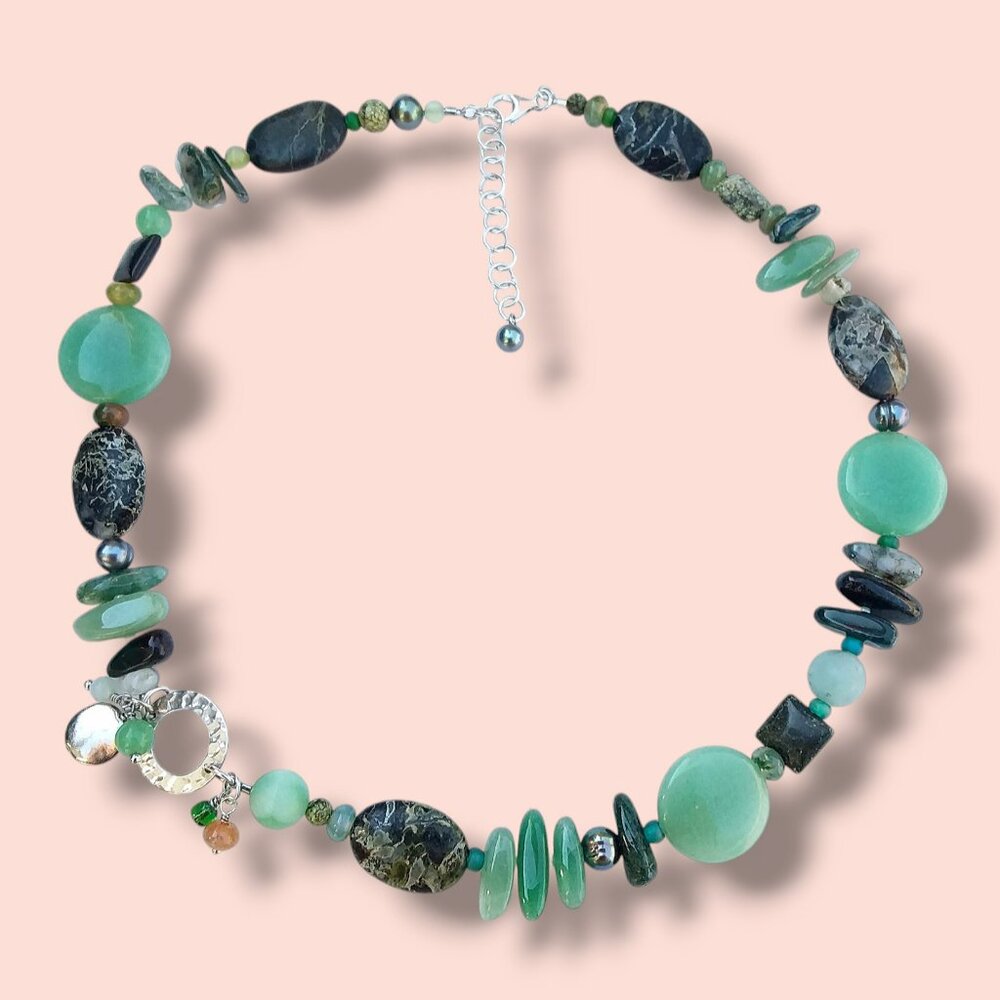 Multi Gemstone Necklace Green Aventurine Agate Pearl 18.5in Custom OOAK